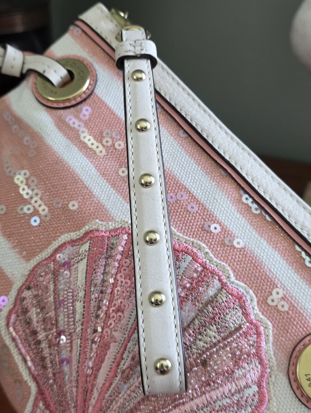 Coach Audrey Pink Sequin Shell Canvas Studded Wristlet Bag - Picture 11 of 16